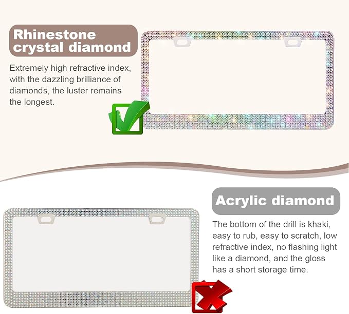 QUANQIUFEI Bling License Plate Frames for Women, Sparkly Rhinestone Diamond Car Accessories with Glitter Crystal Caps (1 Pack Colorful)