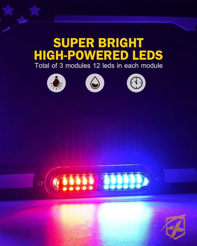 Xprite 36 LED License Plate Strobe Light, US Flag Front/Rear Utility Lights, 22 Modes Caution Frame for Construction Towing Snow Plow Pickup Work Trucks Cars - Multi Color (w/Pre-Installed 9FT Cable)