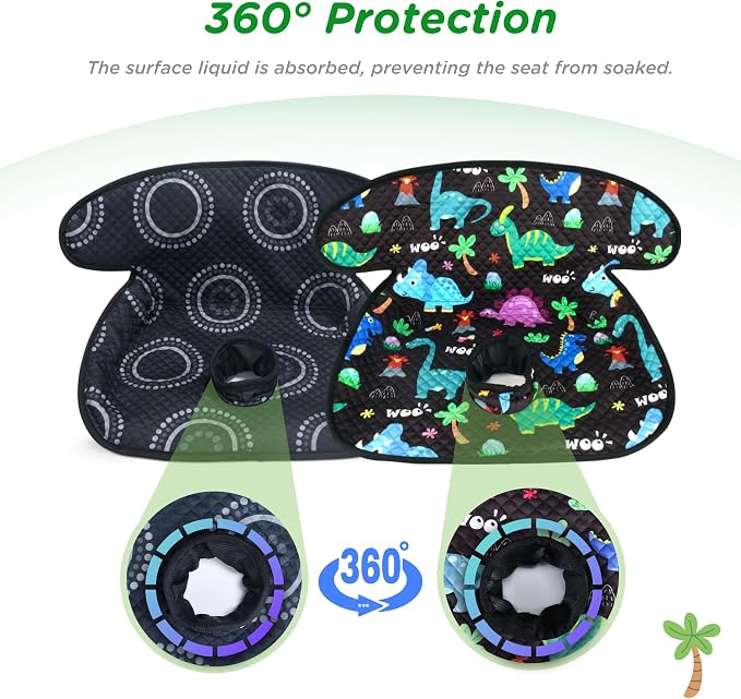 2P Car Seat Protector for Potty Training | Waterproof Toddler | 360°leak-proof + non-slip | Fits car seats, strollers, high chairs |toddler travel | Black/Dinosaur | Machine washable