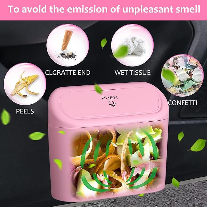 Accmor Car Trash Can with Lid, Vehicle Trash Bin Car Dustbin Garbage Organizer Holder with One Roll Trash Bag, Portable Hanging Mini Leakproof Cars Storage Bag Container for Auto, SUV, Office (Pink)