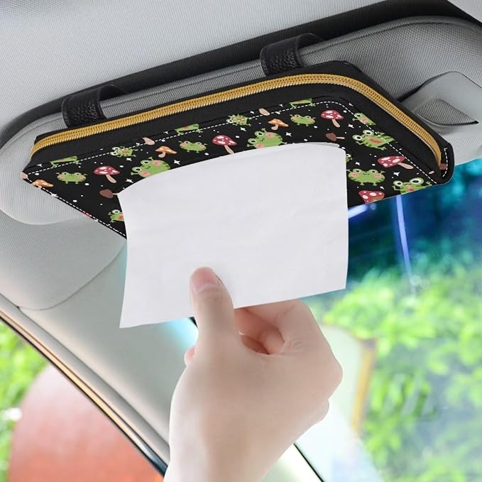 Frog Mushroom Leather Tissue Holder Car Mask Holder PU Leather Car Standard Tissue Holder Durable Visor Tissue Holder Car Visor Accessories Universal Fit Most Cars