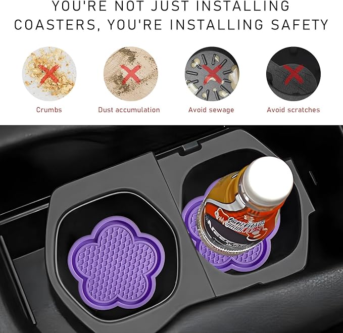 DXNQ 4 PCS Car Cup Coasters, Cute Flower Shaped Car Cup Holder Mat, PVC Waterproof Anti Slip Vehicle Cup Holder Insert Coaster, Universal Car Interior Decor Accessories (Purple)