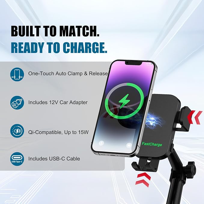 2 in 1 Auto-Clamping Cup Phone Holder for Car, 15W Fast Wireless Charging Cup Holder Phone Mount with Type-C Cable, Adjustable Car Cup Expander for Large Bottles