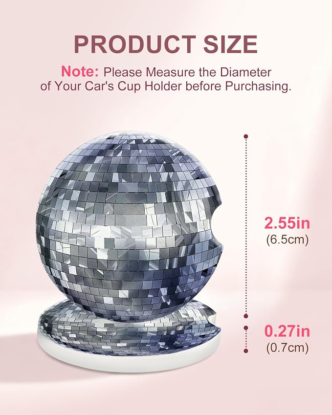 Swooflia 2 Pack Absorbent Ceramic Car Coasters for Women - 2.55 Inch Disco Ball Silver Car Cup Holder Coasters with Cork Base, Funny Car Accessories, New Driver Gifts