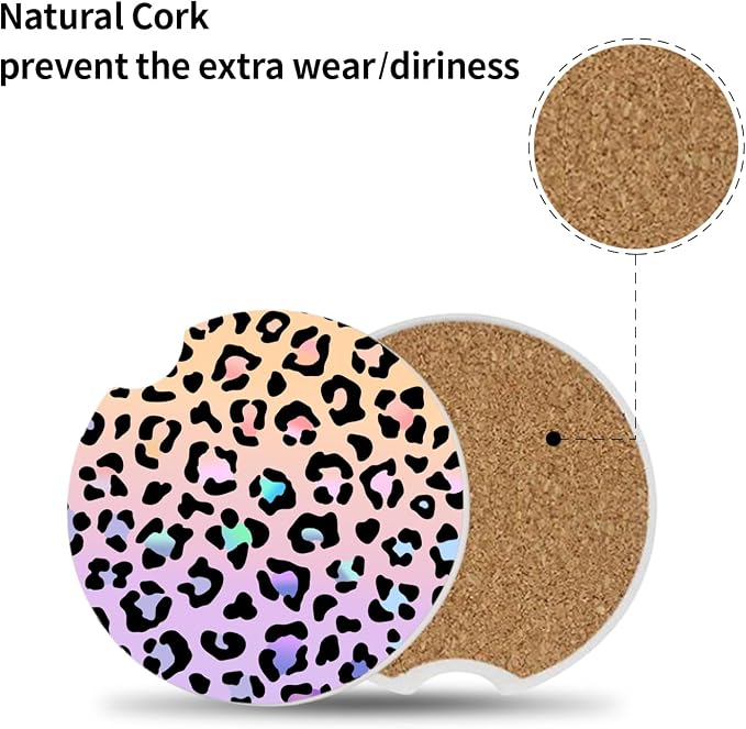 Cute Gradient Leopard Ceramic Cup Holders Car Coasters Set for Women/Men,Drink Cup Car Holder Coasters with A Finger Notch 2.56" Pack of 2