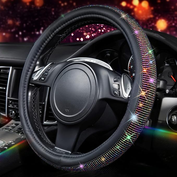 CAR PASS Bling Diamond Leather Steering Wheel Cover, with Bling Sparkly Crystal Glitter Rhinestones Universal Fit 13"1/2-14" Car Wheel Protector for Women Girl Fit Suvs,Vans,Sedans,Trucks, Multicolor