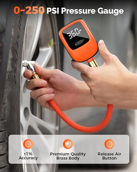 ETENWOLF T600 Digital Tire Pressure Gauge 0-250 PSI, ANSI B40.7 2A Grade High Precision(Plus-Minus 0.5%),Tire Gauge for Tire Pressure with Rubber Hose, Replaceable AA Batteries