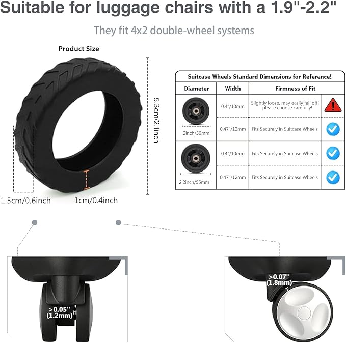 8 Pack Black Silicone Luggage Wheel Protectors Fits 1.9"-2.2" Spinner Carry On Wheels Noise Reducing Anti Slip Slip On Covers Protect Floors & Suitcase Wheels Lightweight Easy Wipe Clean