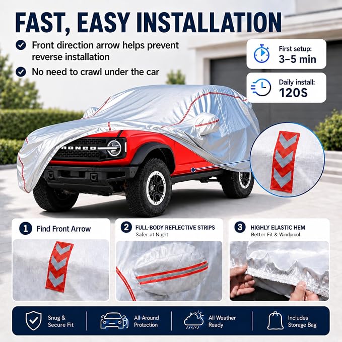 Car Cover Waterproof All Weather for Ford Bronco 2020-2025,All-Around Fastening and 4 Upgrades, 120s Quick-Install for Car Cover