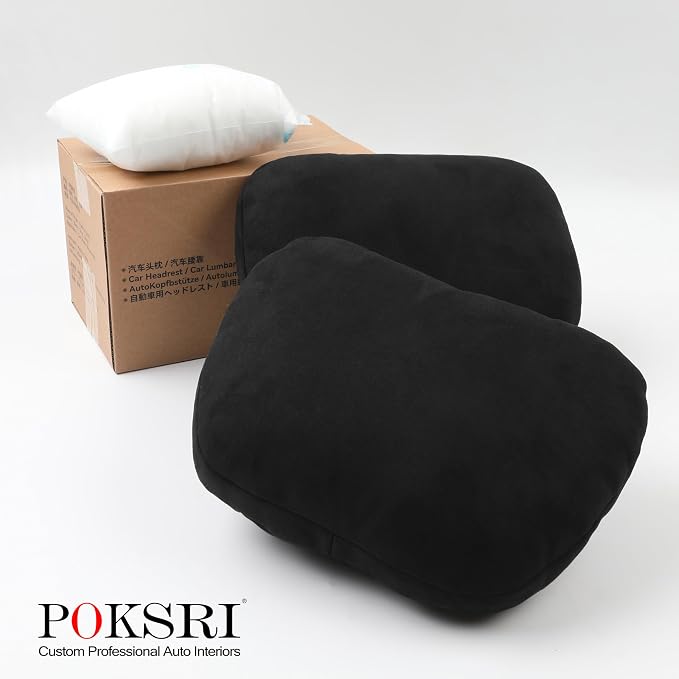 2pcs Car Neck Pillow for headrests,Support Drive Seats Head Cushion Pillows,Superfiber Suede,Plant-Based Polyester,Thickness & Height Adjustable,11.8x7.5,Inner Liner fillable (Black Color)