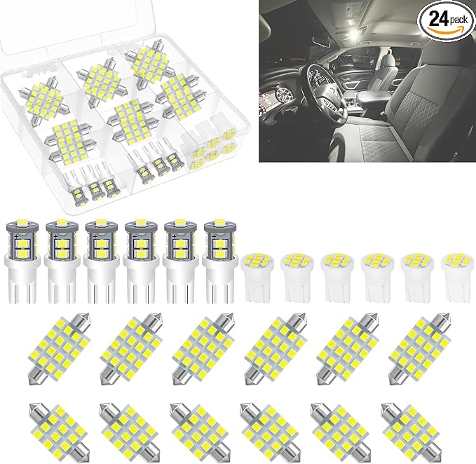 24 Pieces Car interior led lights Dome Bulb Kit Set T10 194 578 42mm DE3175 31mm Bulb Interior Replacement for Car Map License Plate Door Side Marker Trunk Light, White