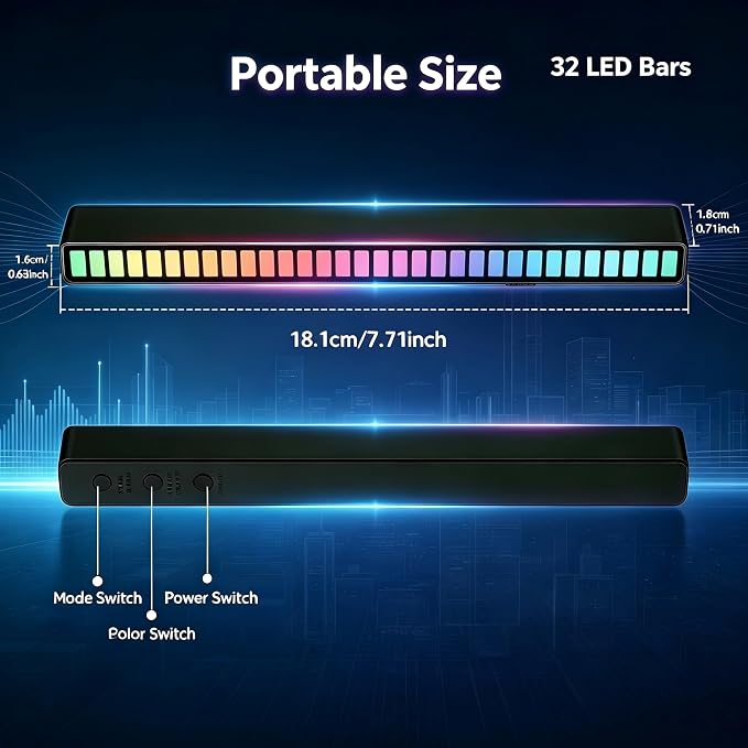 RGB Rhythm Light Bar, Sound Activated Light for Gaming, Bedroom & Car Decor | 32 LEDs, 18 Colors & 8 Dynamic Lighting Modes, USB Powered, Plug & Play Ambient Light for Party & Desktop Atmosphere Decor