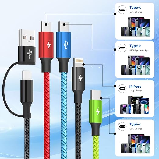 4 in 2 Multi Charging Cable, 3 Type-C & IP Cord for Multiple Devices | USB C Multi Charging Cable with 3 Type-C & IP Ports, Nylon Braided Phone Charger Cord for Travel, Car and Daily Use