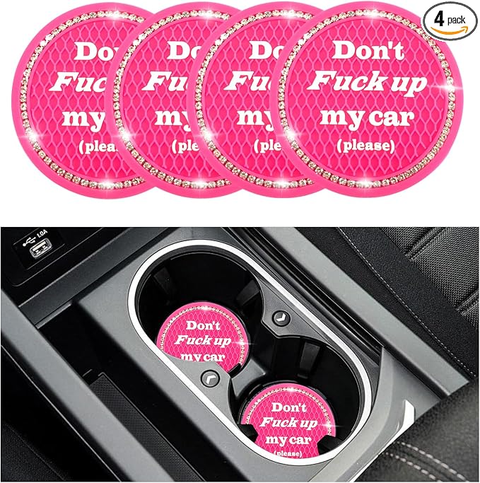 4 PCS Bling Car Cup Coaster, 2.75 Inch Anti-Slip Cup Holder Insert Coasters, Universal Crystal Rhinestone Auto Drink Car Cup Mat, Interior Car Accessories for Women Girls (Rose Red)
