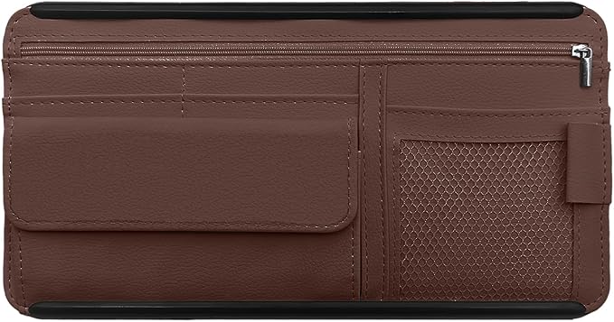 Car Sun Visor Storage Bag, Soft Leather Surface Organizer, Scratch-Resistant Auto Sunshade Organizer Bag, Can Store ID Card, Eyeglasses, Pen, Driving License etc (Brown)