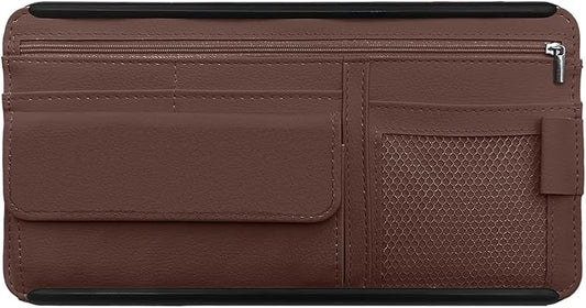 Car Sun Visor Storage Bag, Soft Leather Surface Organizer, Scratch-Resistant Auto Sunshade Organizer Bag, Can Store ID Card, Eyeglasses, Pen, Driving License etc (Brown)