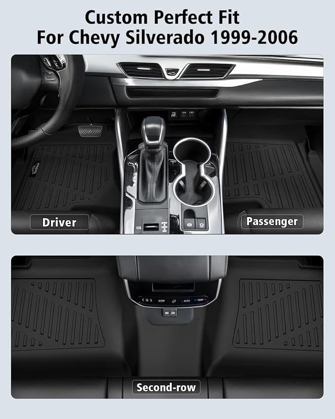 Floor Mats 1999-2006 for Chevy Silverado & GMC Sierra Crew Cab | 1500 2500 2500HD 3500HD, 2007 Silverado Sierra Classic Body, 2000-2006 Suburban/Yukon XL/Escalade ESV (2nd Row Bench Seat)