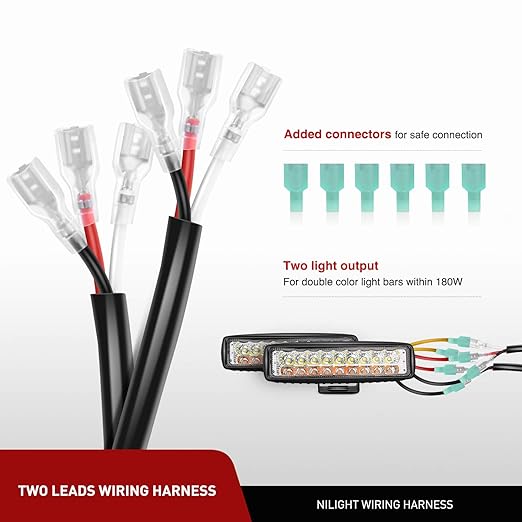 Nilight 10031W Amber White Dual Color Light Bar Wiring Harness Kit 16AWG with 12V Relay 15A Inline Blade Fuse Push Button Switch for Offroad Driving Light, 2 Leads