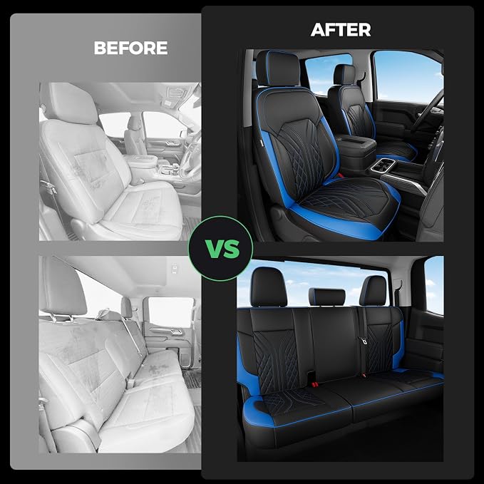 Truck Leather Seat Covers for Chevy Silverado Gmc Sierra 2019-2026 | Crew Cab 1500/2500/3500HD, Bucket Seat, NO Rear Seatback Storage, Scratch-resistant, Easy-clean, Pickup Protector, Full Set