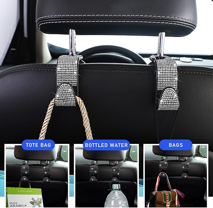 Ohleats 4 PCS Bling Car Seat Headrest Hooks, Crystal Rhinestone Back Seat Hanging Storage Organizer, Vehicle Seat Hanger Holder for Purse Handbag Coat, Interior Car Accessories (Black)