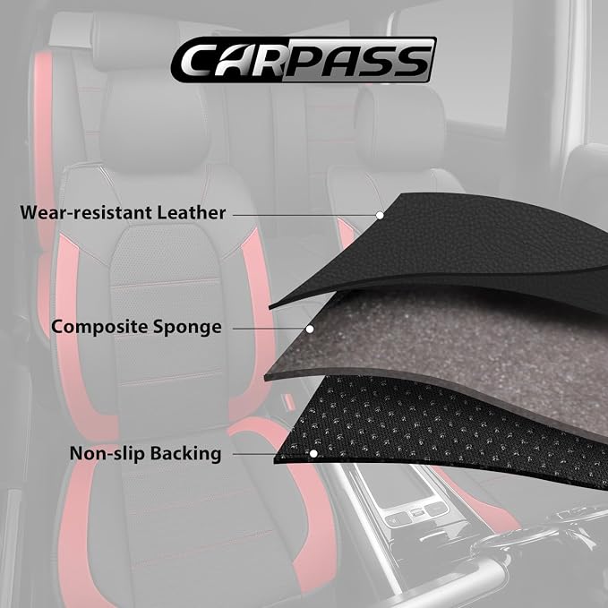 CAR PASS 5 Seats Leather Car Seat Covers, Sideless Car Seat Protectors with Storage Pocket, Water Resistance Seat Cover, Universal Fit Most Cars, SUVs, Trucks and Vans (Full Set,Black and Red)
