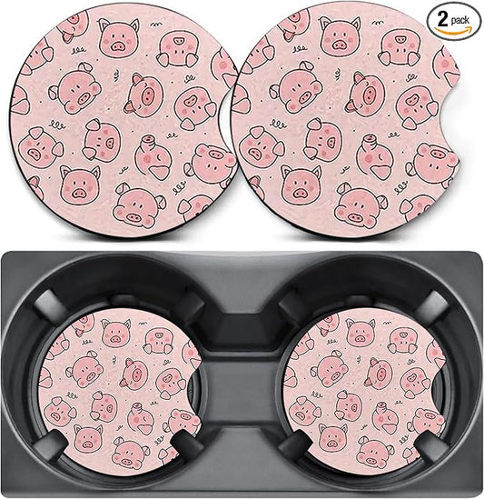 2 Pack Pink Pig Car Coasters for Cup Holders,Neoprene Anti Slip Mat | 2.75" Universal Size,Auto Rubber Drink Coasters Decor Car Accessories Interior Pink Pig Gifts for Women Men