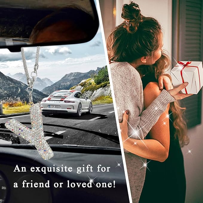 DXNQ Bling Initial Car Rear View Mirror Ornament, Crystal Sparkling Cute Letter Charm Pendant Auto Decor, Hanging Lucky Diamond Initial Charm Car Mirror Bag Ornament for Girl Women (Letter Y)