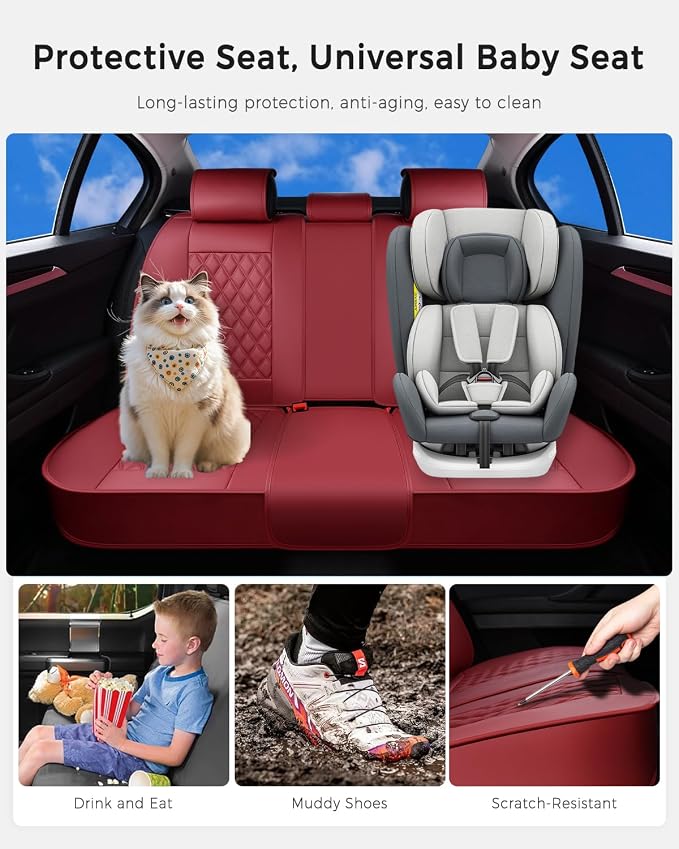 Huidasource Rear Car Seat Cover, Nappa Leather Rear Seat Cover Velcro Adjustable, Compatible with Seat Belts, Child Safety Seats, Universal Fit for Most Cars SUVs Trucks (Back Row/Red)