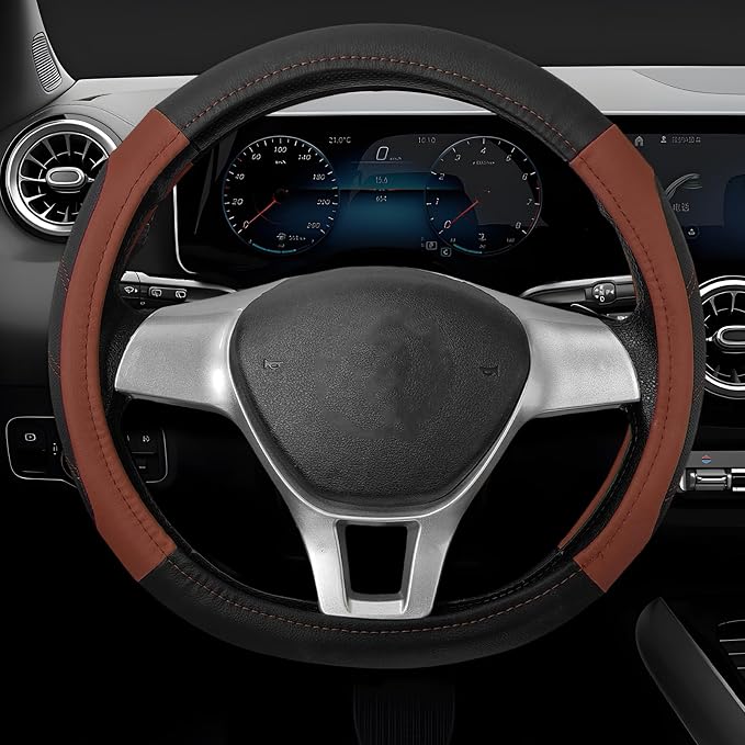 Sport Leather Steering Wheel Cover, 14.5-15 Inch Breathable Auto Steering Wheel Protector with Anti-Slip Lining, Soft Comfortable Leather Wheel Protector for Cars Trucks SUVs (Black & Brown)