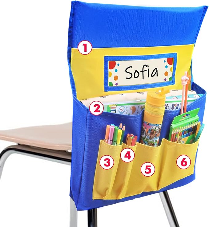 Chair Pockets for Classrooms, 15.7" × 18.9" – 6 Pockets Chairback Storage Organizer with Name Tag Window, Student Desk & Seat-Back Management for Books, Folders & School Supplies, Yellow+Blue