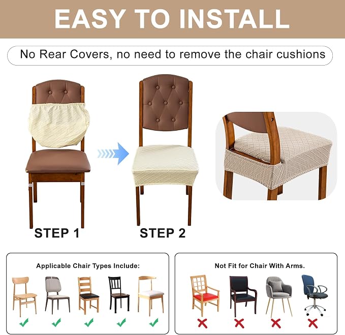 Genina Waterproof Seat Covers for Dining Room Chairs Covers Dining Chair Slipcovers Protector, No Rear Covers (Khaki, 4 Pcs)
