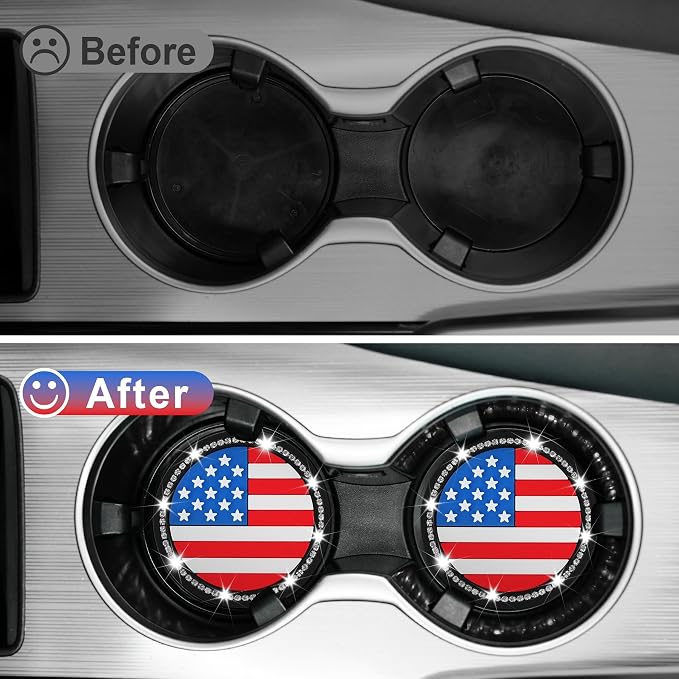 JUSTTOP Bling Car Cup Holder Coaster,4PCS American Flag Cup Holder Insert,Universal Non-Slip Cup Holders,Car Accessories Interior for Women and Man(Multicolour)