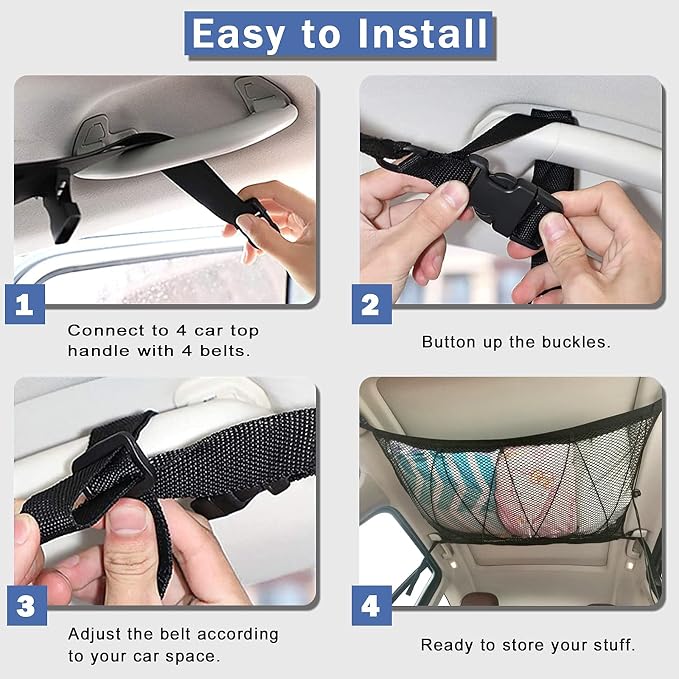 Car Ceiling Storage Net | Double Zipper, Adjustable Strap Prevent Falling, Double-Layer Mesh Long Road Trip Camping Van SUV Roof Cargo Pocket Organizer for Putting Quilt Toys Towel Sundries