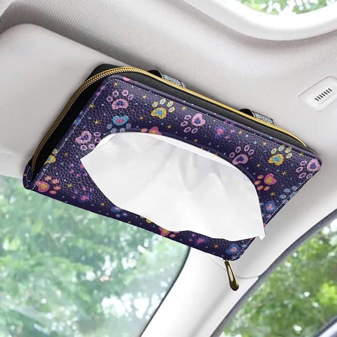 Leather Visor Tissue Holder Car Tissue Holder for Car Cow Colorful Dog Paws Pattern Standard Tissue Holder PU Leather Napkin Holder