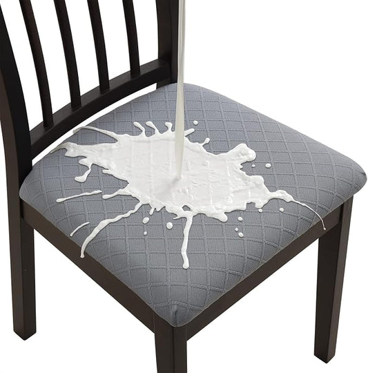 Fuloon Waterproof Seat Cushion Covers 4 PCS, Stretch Jacquard Chair Seat Covers Washable Dining Room Seat Slipcovers Removable Kitchen Chair Protector (4, Waterproof-Light Grey)