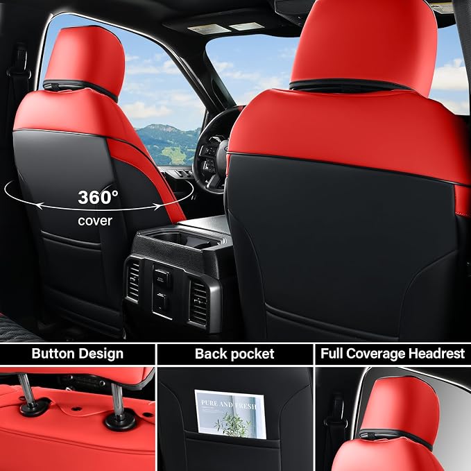 Coverado Chevy Chevrolet Silverado GMC Sierra Seat Covers Full Set, Fit for 2007-2013 & 2019-2026 1500, 2020-2026 2500HD 3500HD Crew Double Extended Cab, Faux Waterproof Leather Seat Covers (Red)