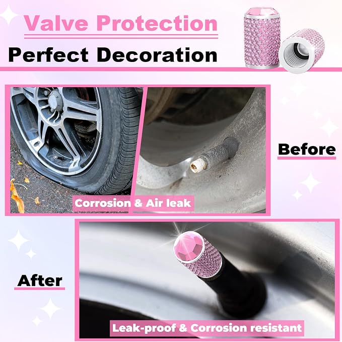 BFXM 4Pcs Car Tire Valve Stem Caps, Bling Tire Air Cap for Car, Car Accessories for Women Universal Stem Covers, Anodized Aluminum Tires Valve Cap with O Rubber Ring, Crystal Diamond