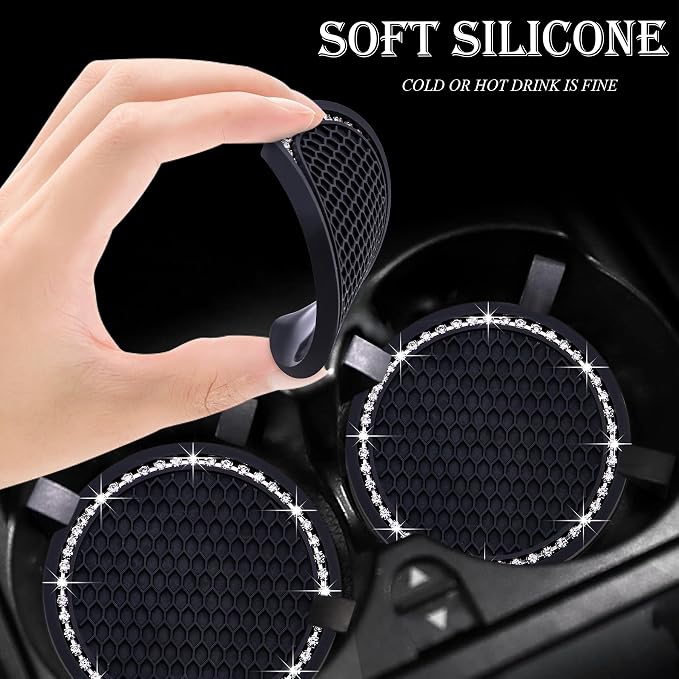 2PCS Bling Cup Holder Coaster, 2.75 Inch Auto Car Cup Holder Insert Coasters, Soft Silicone Anti-Slip Shockproof, Universal Vehicle Interior Accessories for Women Girls (Black & White)