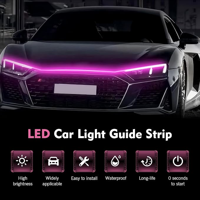 1PC Car Hood LED Strip Light, 59In Waterproof Flexible LED Light Strip with Adhesive Tape, Exterior and Interior Decoration, Universal for Most Cars, Trucks, SUVs DC 12V (Pink)