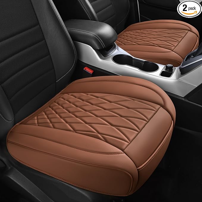 CAR PASS 2 Pack Leather Front Car Seat Covers, Bottom Seat Covers Full Wrapped with Storage Pocket, Anti-Slip Leather Seat Protectors,Waterproof Seat Cushion Pad Universal Fit Sedan SUV Truck, Brown