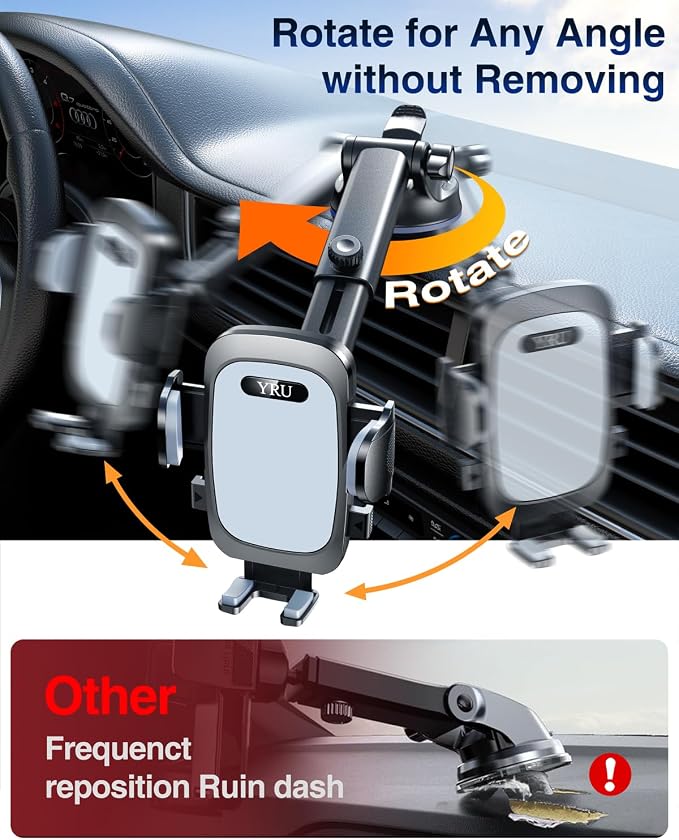 YRU True Military-Grade [360° Rotation Suction] 2026 Ultimate Car Phone Holder Mount【90+LBS Safest Strongest & Patent Certs】 Dash Windshield for iPhone 17 16 Pro Max Speakerphones, Light Gray