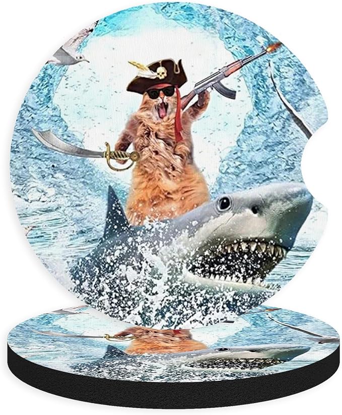 2pcs Cute Shark and Cat Car Coasters,Absorbent Universal neoprener Cup Holder Coasters with a Finger Notch,Car Accessories for Women&Man Interior，2.75"