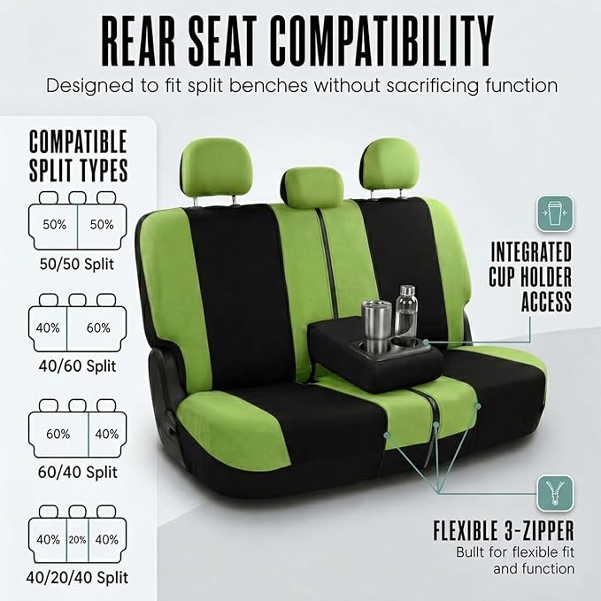 Automotive Seat Covers Green Universal Fit Combo Set with Steering Wheel Cover and Seat Belt Pad fits most Cars, SUVs, and Trucks (Airbag Compatible and Split Bench) FH Group FB030GREEN-COMBO