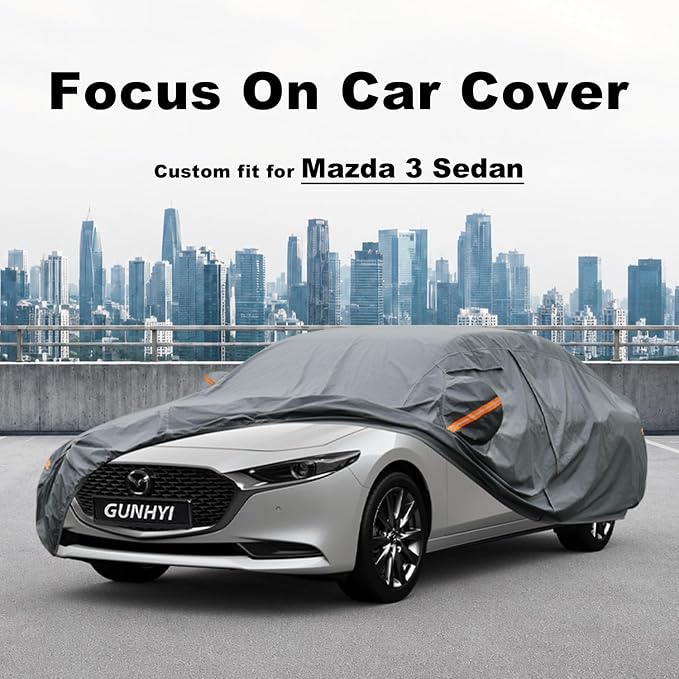 GUNHYI Premium Car Cover Custom Fit Mazda 3 Sedan (2003-2026), 16 Layers Heavy Duty Car Cover Waterproof All Weather with Zipper Door for Sun Rain Snow Dust Uv Protection