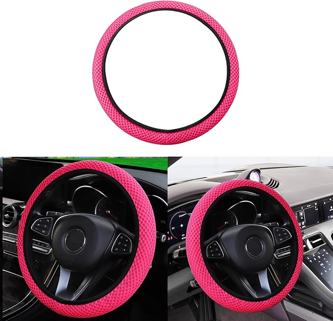 Elastic Stretch Car Steering Wheel Cover, Comfortable Steering Wheel Cover Universal for 14.5-15 Inch, Warm in Winter & Cool in Summer, Anti-Slip Breathable Ice Silk (Rose Red)