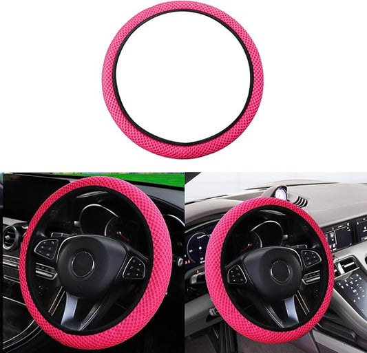 Elastic Stretch Car Steering Wheel Cover, Comfortable Steering Wheel Cover Universal for 14.5-15 Inch, Warm in Winter & Cool in Summer, Anti-Slip Breathable Ice Silk (Rose Red)
