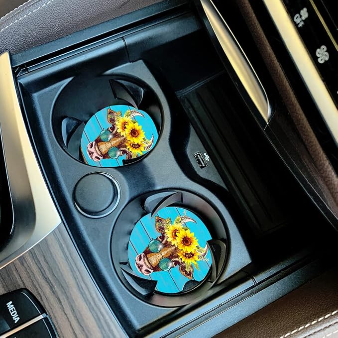 Car Coasters Pack of 2, Fun Sunflower Cow Design Absorb Condensation for Protect The Car Cup Holder and Keep Your car Clean, Small 2.56" Diameter, Easy Removal of Auto Cupholder（Blue Cow）
