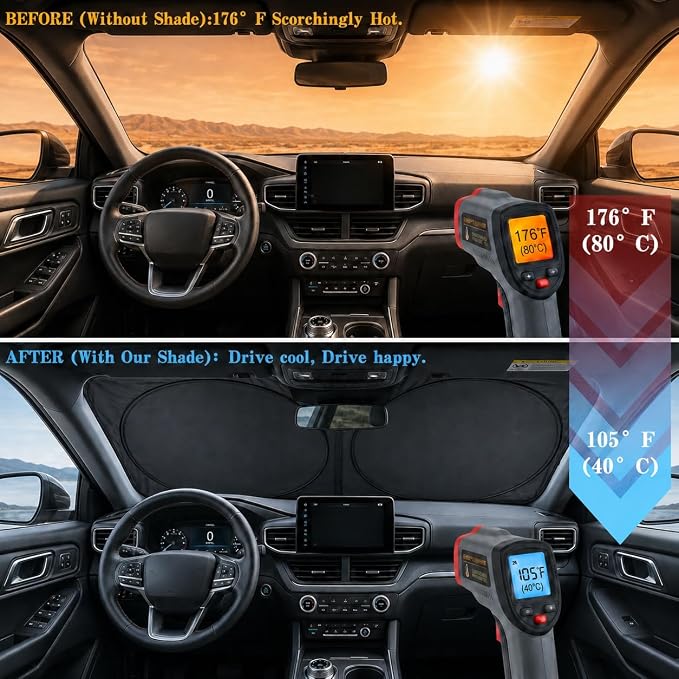 Car Windshield Sun Shade, Universal Fit Full-Size SUV Pickup, Sporty Silver | 63 x 33.86" Large Windshield Cover, Foldable Front Window Sunshade, UV Heat Blocker, Cute Eyes Series