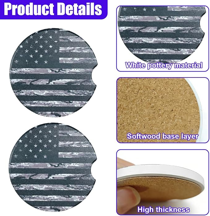 Craedli 2PCS American Flag Car Coasters for Cup Holders, 2.51" Absorbent Ceramic Anti-Slip Drink Insert Car Cup Holder Coaster with Finger Notch, Universal Auto Interior Accessory for Women Men(Black)
