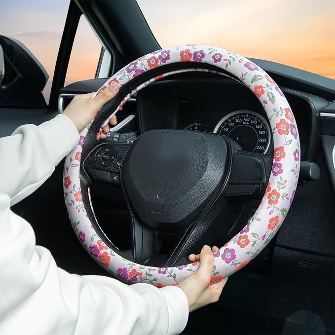 Colorful Flowers Steering Wheel Cover Auto Jacquard Steering Wheel Protector, Anti-Slip, Breathable, Absorbing Sweat, Universal Car Accessories 14.5–15 inch,Fit for Most Car, Trucks, SUV